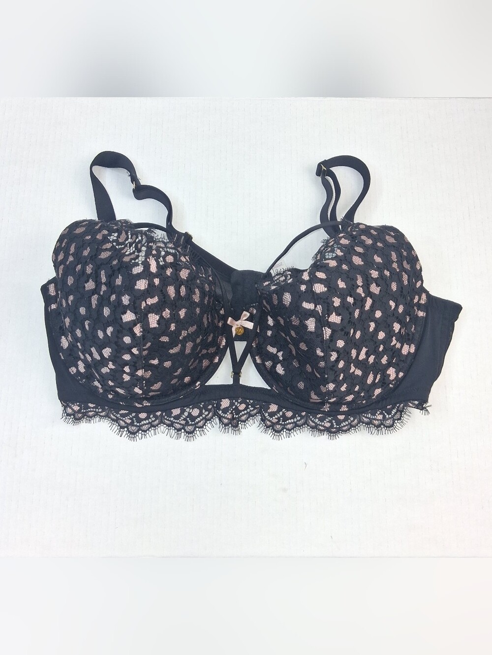 Cacique Black Pink Lace Lined Underwire Balconette Bra 42DD